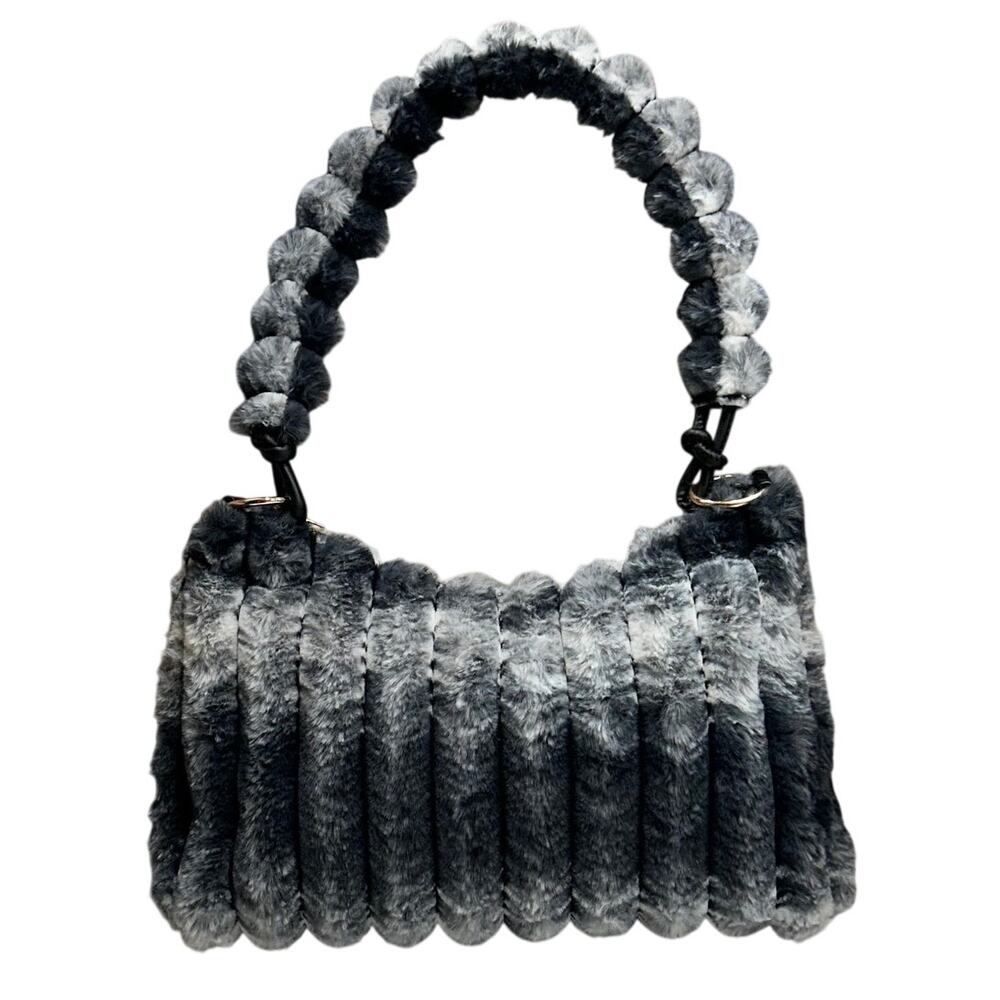 Y2K Blue-Gray Faux Fur Shoulder Bag Plush Ribbed Textured Soft Purse Unbranded